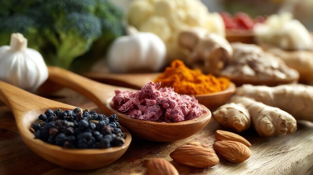 A vibrant arrangement of various spices and ingredients on wooden spoons, showcasing rich colors and textures, perfect for culinary, nutrition, or cooking themed content.