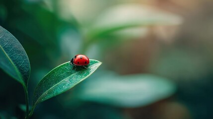 Obraz premium Ladybug perched on a green leaf illuminated by soft sunlight