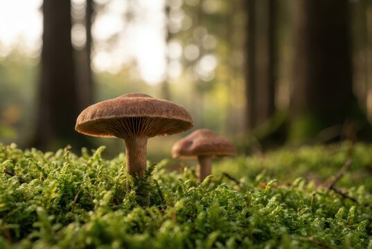Mushrooms growing amidst lush green moss in a serene forest environment