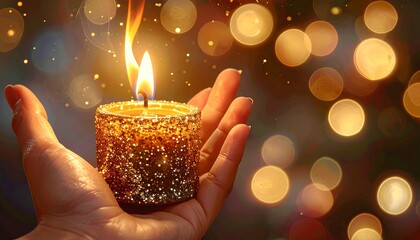 A close-up shot of a hand cupping a lit, glitter-covered candle, with blurred golden bokeh lights in the background