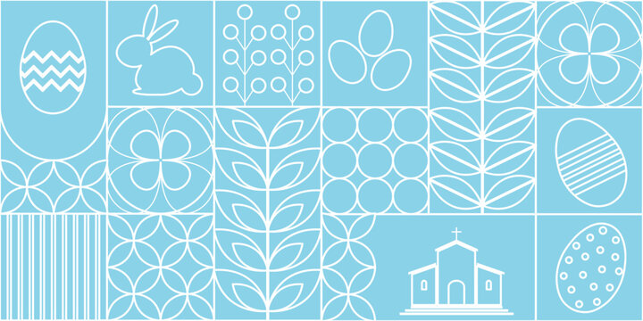 Minimal blue Easter seamless pattern featuring white outline icons including bunny, decorated eggs, church and floral motifs. S