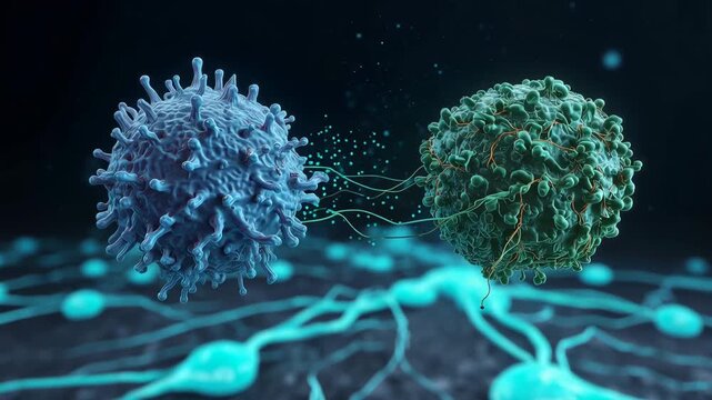 Macro biotech coronavirus-like particle splitting into two slightly different variants  above glowing nerve cells, clean clinical rendering, minimal layought 