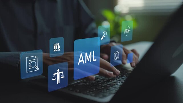 AML compliance concept. Person using laptop with transaction monitoring and fraud prevention icons, financial regulation, KYC process and risk management.