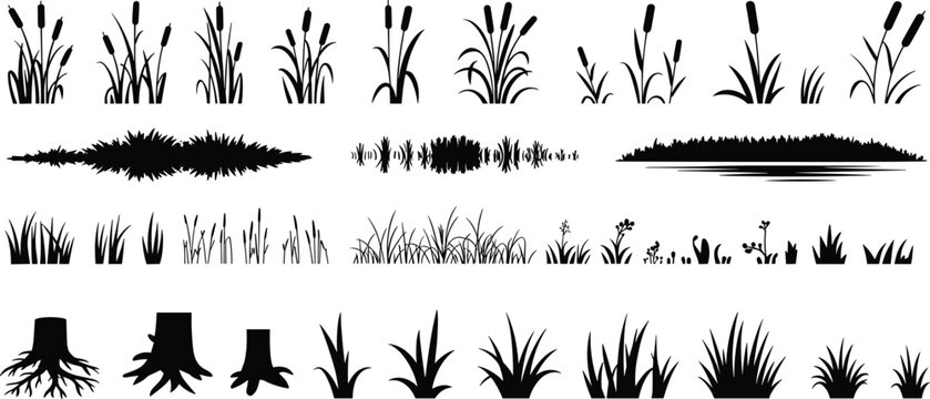 Grass and cattail silhouettes set with pond, bushes and tree stumps isolated on white background, black nature vector collection for landscape design