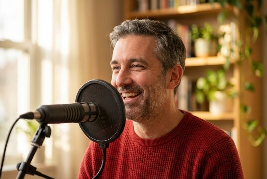Man recording podcast in a home studio with plants and bookshelves nearby smiling