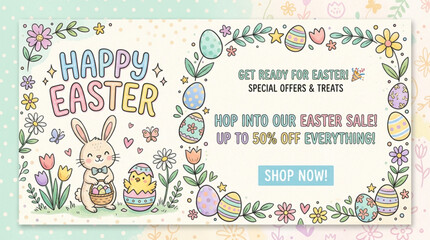 Easter sale banner with happy bunny eggs flowers spring shopping promotion vector illustration