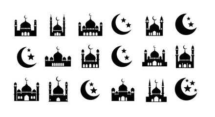 Islamic motifs crescent moons stars and mosque illustrations in black