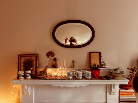 Decorative Shelf With Mirror and Various Items in Indoor Space