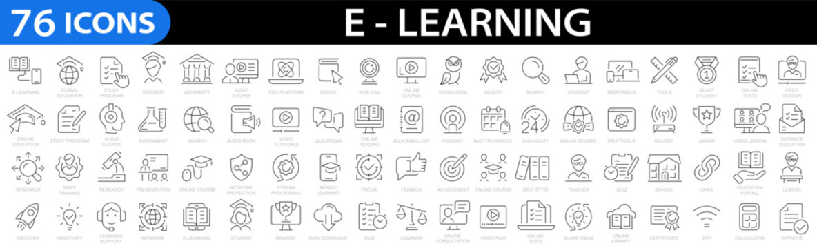 E-learning icon set. Online education icon set. Thin line icons set. Distance learning. Containing video tuition, e-learning, online course, audio course, educational website. Vector illustration