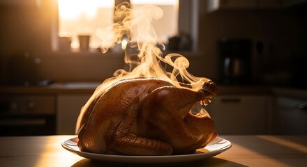 Roasted turkey on a plate with steam rising in a kitchen setting with warm lighting and blurred background