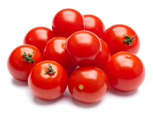 A close-up shot of a heap of shiny, ripe cherry tomatoes, their vibrant red color contrasting against a plain white background