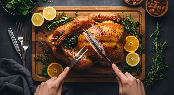 Hands carving a roasted turkey on a wooden cutting board with lemons and herbs