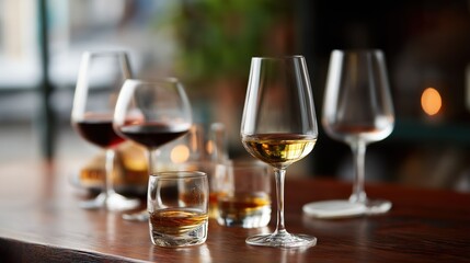 Obraz premium Selection of wine and whiskey glasses on wooden table in warm light 