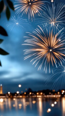 Explosive pyrotechnic display illuminating a dark night sky above a glowing city shoreline, reflecting vibrant light on still water, creating a dazzling scene of celebration and festivity