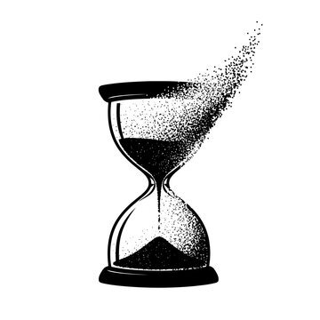 A black and white illustration of an hourglass with sand flowing