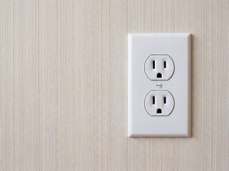 White electrical outlet on textured beige wallpaper. Close up. 