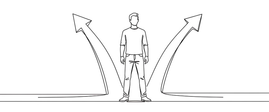 Man standing at a crossroads with arrows pointing in different directions representing choices and decisions