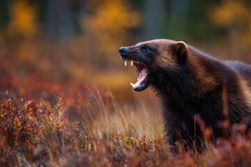 Fototapeta premium Angry wolverine in the wild. 