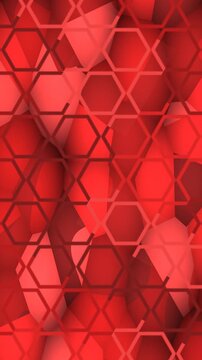 Abstract Red Hexagonal Pattern Overlay on Blurred Spheres.
