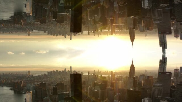 Kaleidoscopic New York City skyline revealing surreal, mirrored metropolis with Empire State Building and East River during warm and atmospheric sunrise