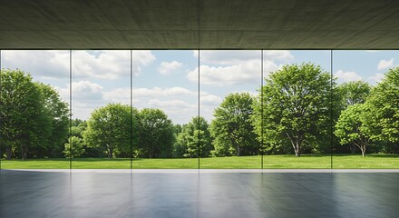 Naklejka premium Modern Indoor Space Featuring Large Panoramic View of Lush Green Trees and Sky Through Floor to Ceiling Windows