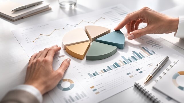 Investment portfolio pie chart model. Asset allocation analysis on report. Financial planning documents in light colors. Portfolio diversification strategy concept. Stock market performance charts. 
