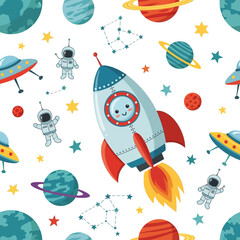 Cute cartoon space pattern featuring planets rockets and astronauts © Imagevector