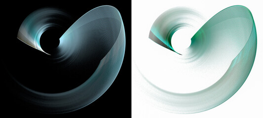 Blue and turquoise curved striped abstract blades spin on white and black backgrounds. Set. Icon, logo, symbol, sign. 3D rendering. 3D illustration. © Svetlana