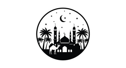 Fototapeta premium A striking circular design showcases a mosque palm trees a camel and a crescent moon silhouette high quality