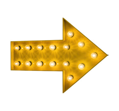 Gold arrow sign with lights directional isolated on a transparent background