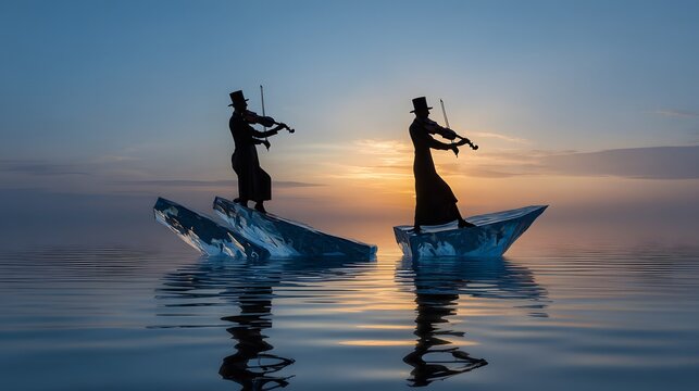 Silhouette of violinists playing music on icebergs, creating a surreal and artistic scene on the water. The two violinists are standing on separate icebergs and playing their violin.