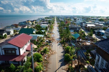 Obraz premium Aerial View of Flooded Streets in Tsunami Impact Zone After Natural Disaster