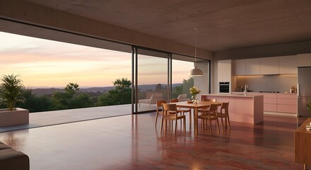 Fototapeta premium Modern open plan living space with large sliding doors leading to outdoor terrace and scenic mountain views