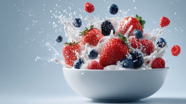 Mixed Berries Cascading Into Creamy Bowl With Splas