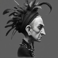 Fototapeta premium Die Karikatur einer grimmigen, älteren Frau mit Federhut in schwarz und weiß.