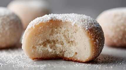 Cross-section shot of mochi donut showing chewy interior, neutral gray background, sharp focus, educational food photography