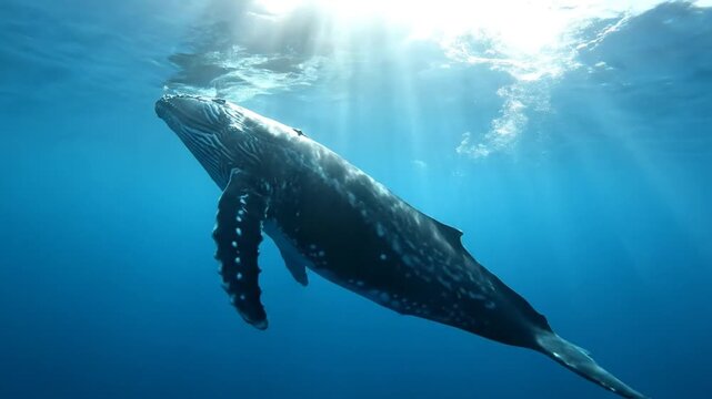 Humpback whale swimming underwater exhaling bubbles with sun rays