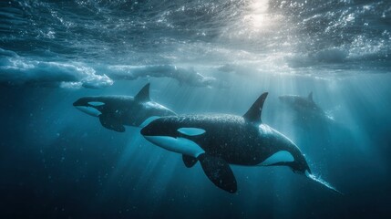 Naklejka premium Pod of orcas swimming gracefully beneath Arctic sea ice, illuminated by filtered blue daylight, showcasing dramatic underwater wildlife in a cool monochrome palette