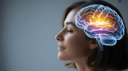 Fototapeta premium Woman Profile with Glowing Brain Visualization Representing Cognitive Function, Mental Health Awareness, Neuroscience Research and Advanced Mind Technology Concept