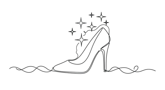 Sparkling high heel shoe in continuous line drawing for magic and fashion concept