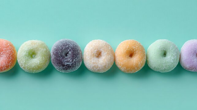 Mochi donuts arranged in linear composition, pastel mint background, contemporary bakery branding