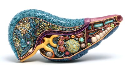 Human pancreas showing its relationship with the duodenum and bile duct, detailed medical illustration