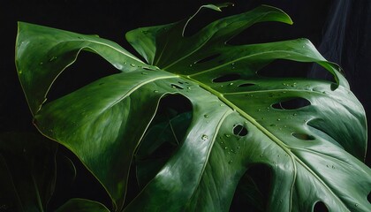A close-up shot of a large, vibrant green tropical leaf with distinctive holes and water droplets, set against a dark background
