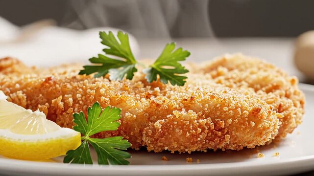 Delicious golden brown breaded chicken cutlet served hot with fresh parsley garnish and a lemon wedge on a white plate steaming gently.