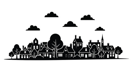 A striking black cityscape with varied buildings and trees against a cloudy sky presented as a silhouette © MIRAJ02