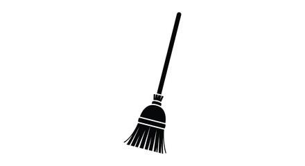 A simple stark black silhouette of a traditional household broom standing upright against white background silhouette high quality © MIRAJ02