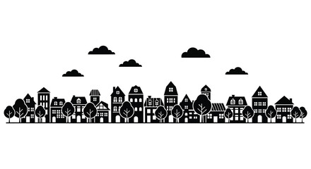 A striking black cityscape featuring buildings trees and clouds in a minimalist silhouette high quality professional detailed modern © MIRAJ02