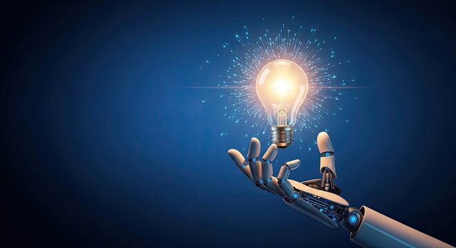 Artificial intelligence concept robot hand holding light bulb with glowing idea