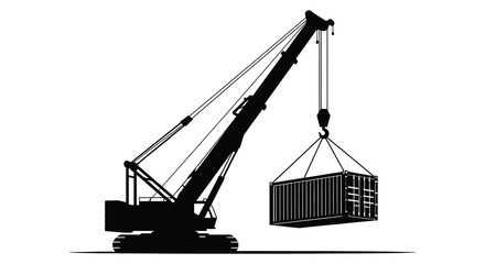 A stark black silhouette of a construction crane lifting a shipping container displaying industrial power silhouette high quality