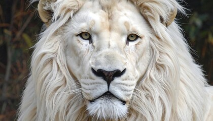 A close-up shot of a majestic, ivory-colored big cat with a prominent mane looking directly at the viewer